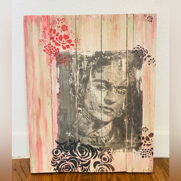handmade Art Handmade Frida Kahlo Wood Plank Distressed Collage Art